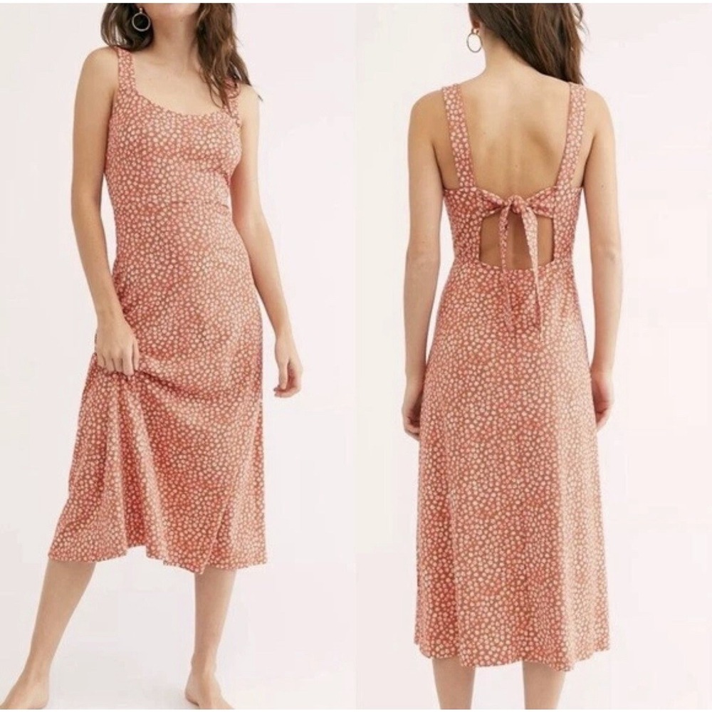 Free People Lorelai Dress Size Large (10-12) Red Floral Tie Back Midi Sleeveless